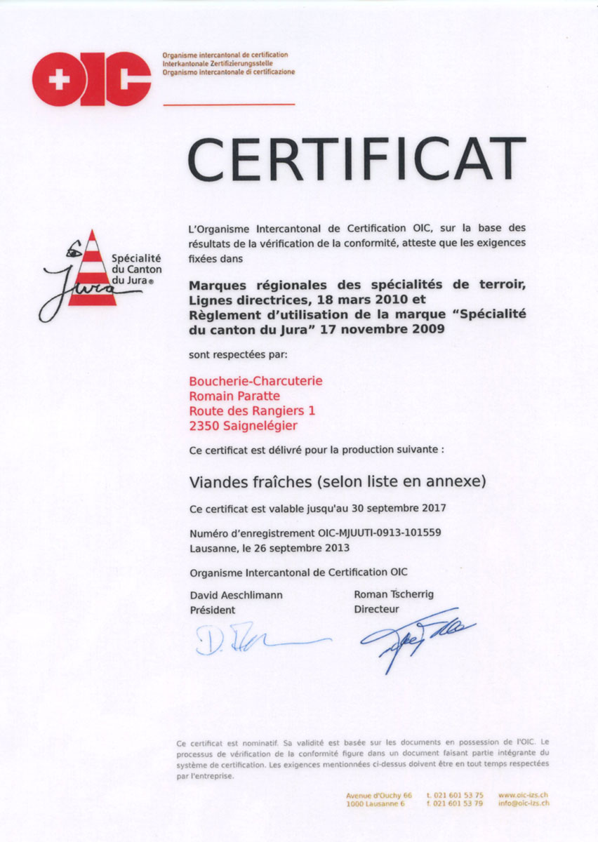 Certificat «Spécialités du Canton du Jura», produits du terroir